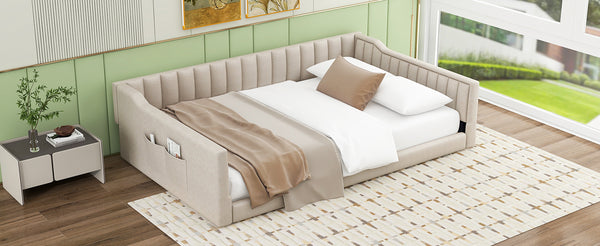 English Elm Full XL Upholstered Daybed with Velvet Channel Tufting, Tapered Dowel Legs & Side Storage Pocket Beige DL002211AAA