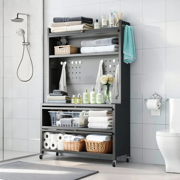 English Elm 64" 5-Tier Kitchen Pantry Cabinet on Wheels with Transparent Flip Doors, DIY Pegboard, Heavy-Duty Metal Storage Rack W3204P300624