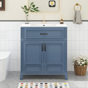 English Elm 30'' Retro Bathroom Vanity with Ceramic Sink, Solid Wood Frame, Soft-Close Doors & Ample Storage (Blue) N710P252113C