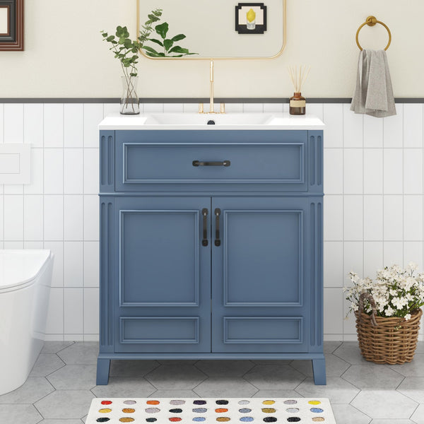 English Elm 30'' Retro Bathroom Vanity with Ceramic Sink, Solid Wood Frame, Soft-Close Doors & Ample Storage (Blue) N710P252113C
