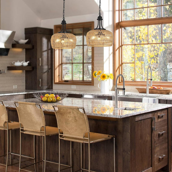 English Elm Farmhouse Rattan Chandelier - 3-Light Boho Pendant Light Fixture For Dining Room & Coastal Spaces W2738P185445