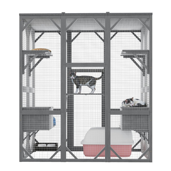 English Elm Outdoor Fir Wood Cat Enclosure Three Tier Six Platform Habitat with Waterproof Roof W1598P390796