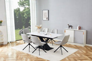 English Elm Modern Extendable Dining Table with Walnut MDF Veneer Top, Dual V-Shaped Metal Base, Sleek Durable Design White Marble W3493S00006