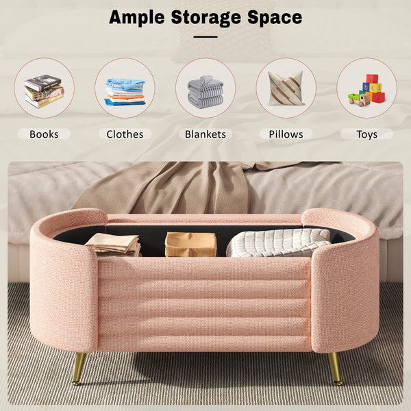 English Elm Modern Boucle Tufted Storage Ottoman Bench with Gold Legs for Bedroom or Entryway Pink N719P305628P