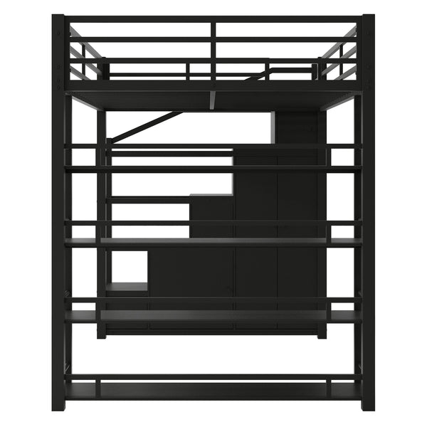 English Elm Full Full Size Metal Loft Bed with Storage Staircase, Shelves, Wardrobe & Guard Rail, Black 70" GX000664AAB