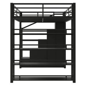 English Elm Full Metal Loft Bed with Built-in Wardrobe Shelving Staircase Storage Industrial GX000664AAB-1