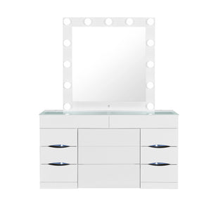 English Elm ELISA Glam LED Vanity Table with Glass Top, Built-In Speakers, Storage Stool and Mirror Lighting White 30.75 L x 19.69 W x 28.86 H B201S00353