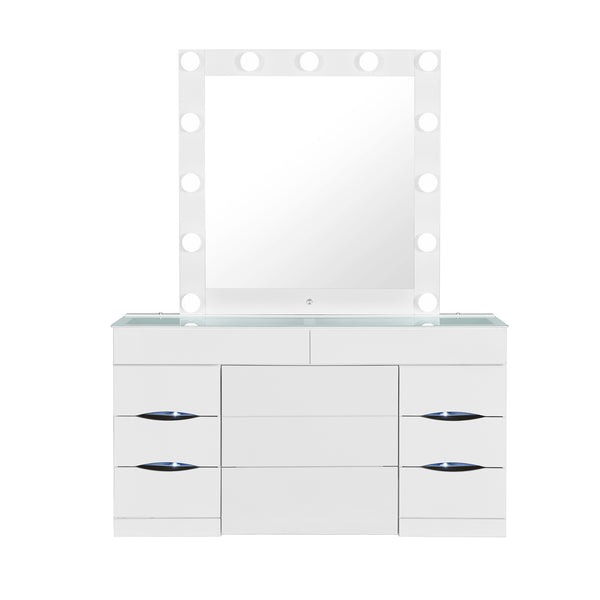 English Elm ELISA Glam LED Vanity Table with Glass Top, Built-In Speakers, Storage Stool and Mirror Lighting White 30.75 L x 19.69 W x 28.86 H B201S00353