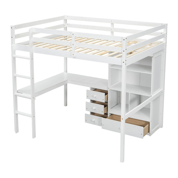 English Elm Full Size Loft Bed With Integrated Desk, Storage Shelves, Drawers & Safe Ladder - Stylish & Space-Saving W504S00161