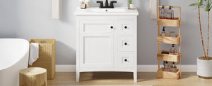 English Elm 30 Inch Bathroom Vanity with Ceramic Sink and 3 Smooth-Glide Drawers, Modern Moisture-Resistant Storage White N710P252105K