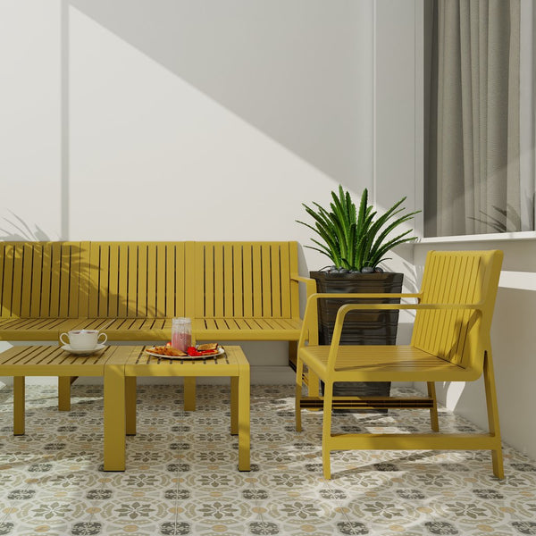 English Elm 5-Piece Outdoor/Indoor Furniture Set with Weatherproof PP, 3-Seater Sofa, 2 Chairs, Easy Assembly, Space-Saving Nesting Tables Yellow W3450S00002