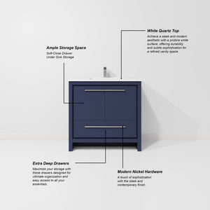 English Elm Navy Blue Single-Sink Vanity Set With White Quartz Top, Gun Metal Faucet & 28" Mirror For Modern Baths B2731S02065