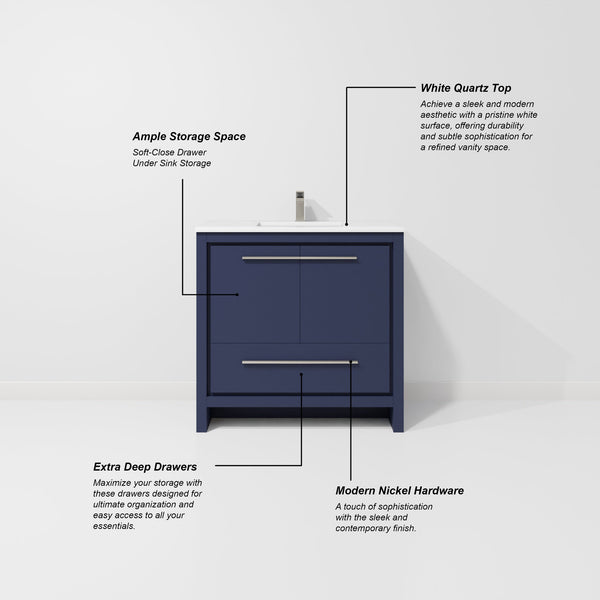 English Elm Navy Blue Single-Sink Vanity Set With White Quartz Top, Gun Metal Faucet & 28" Mirror For Modern Baths B2731S02065