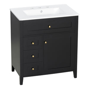 English Elm 30-Inch Contemporary Bathroom Vanity with Sink, MDF & Rubberwood, Glossy Finish, 3 Drawers + Cabinet Black N725P350819B