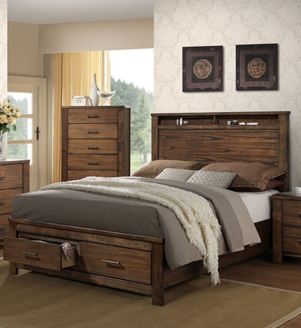 English Elm Modern Oak Veneer Eastern King Platform Bed with Headboard Shelving and Underbed Drawers B011S02144
