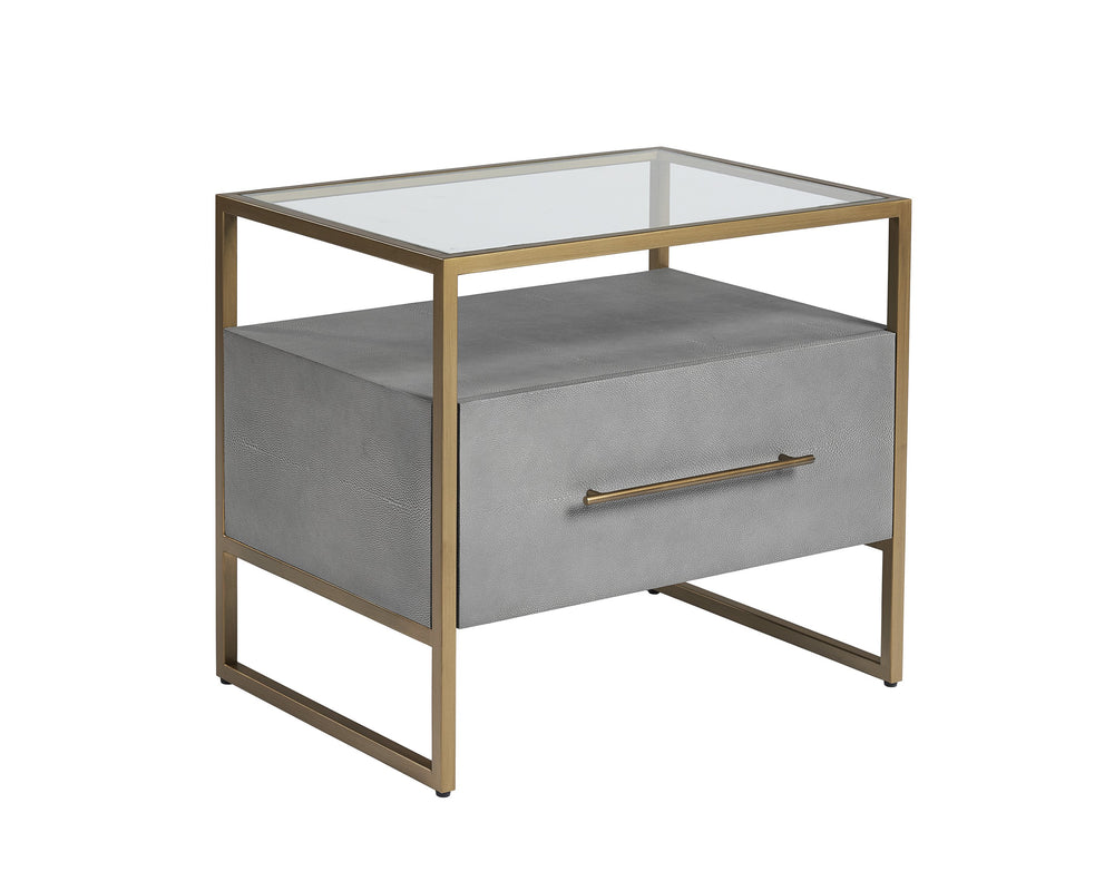 Sunpan Venice Nightstand – Glamorous Acacia Wood Design with Tempered Glass Top and Antique Brass Hardware Grey Shagreen