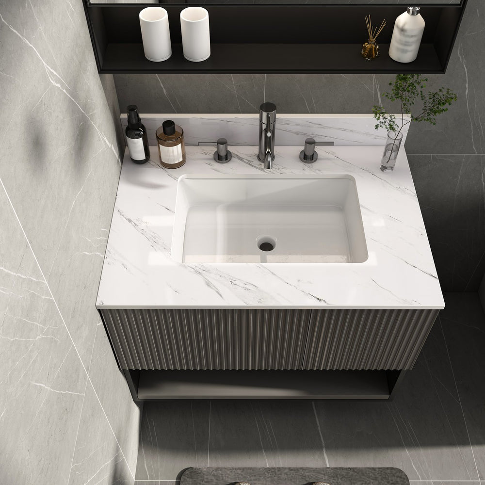 English Elm 31 Inch Marble Vanity Top - Bianco Carrara Venato - Durable Sintered Stone With Undermount Sink & Backsplash W2700P194073