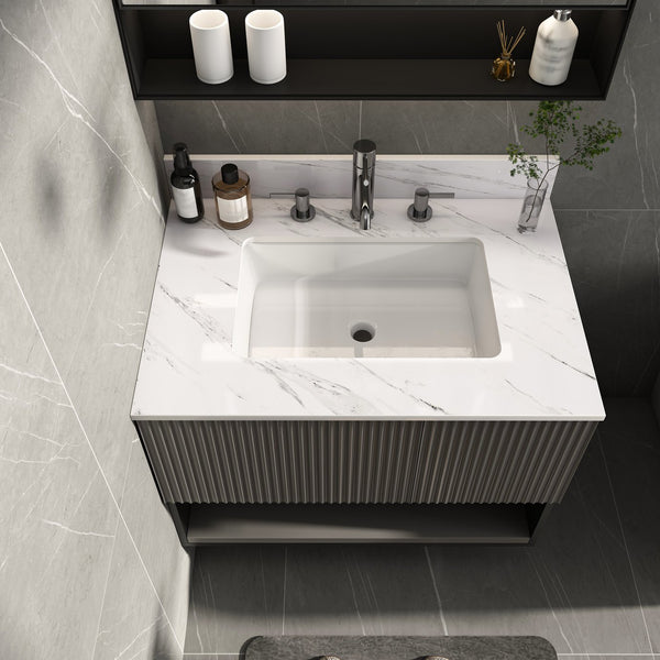 English Elm 31 Inch Marble Vanity Top - Bianco Carrara Venato - Durable Sintered Stone With Undermount Sink & Backsplash W2700P194073