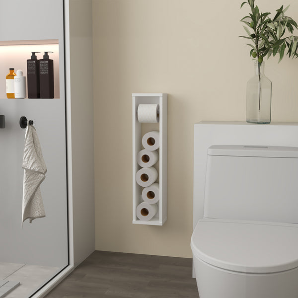 English Elm Toliet Paper Holder Magna White — Compact Engineered Wood Toilet Organizer, Rod, Stores 5 Rolls, Space-Saving Design B092P238744