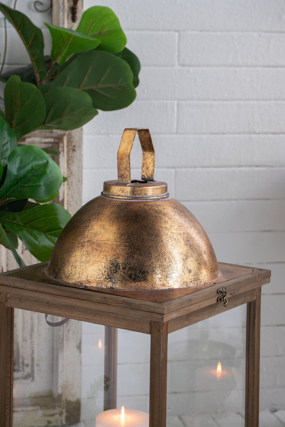 English Elm S/2 Vintage Brown Wooden Lanterns with Clear Glass & Gold Dome Accents, Warm Ambient Glow for Home Decor W2078P370151