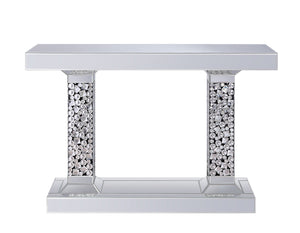 English Elm Lachina Mirrored Console Table with Faux Gem Inlay — Glam Silver Accent, Tempered Glass Top, Durable MDF Finish B2726S00032