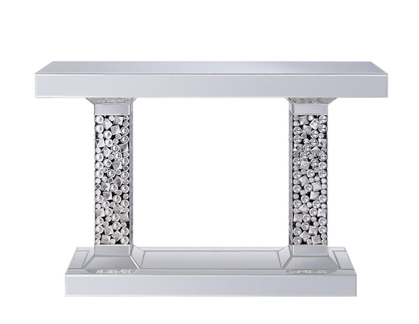 English Elm Lachina Mirrored Console Table with Faux Gem Inlay — Glam Silver Accent, Tempered Glass Top, Durable MDF Finish B2726S00032
