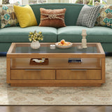 Modern Wood Coffee Table with 2 Drawers, Minimalist Display & Tempered Glass Top