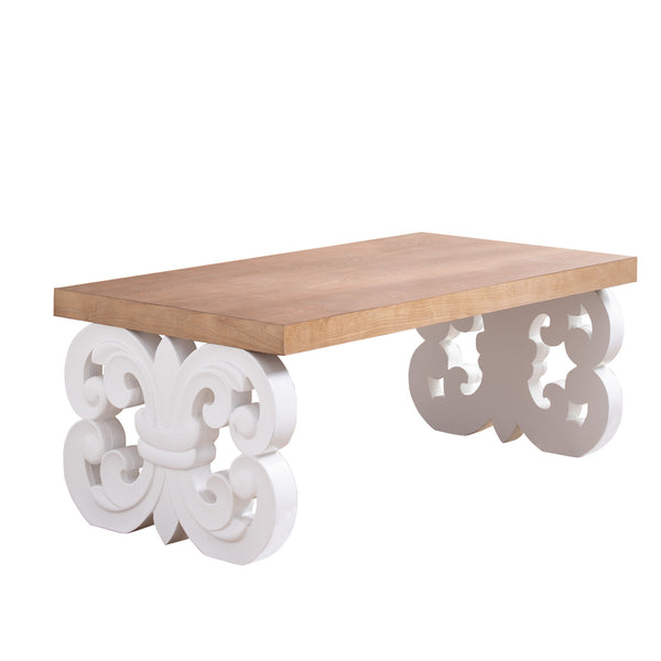 English Elm Ornate 47" Wood Coffee Table with White Carved Base and Natural Top — Farmhouse Charm, Durable Accent Piece W2729P298232