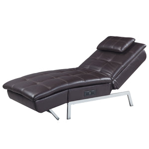 English Elm Padilla Brown Faux Leather Chaise Lounge with Pillow & Built-In USB, 6" Foam Seat, Modern KD Legs B2726P255328