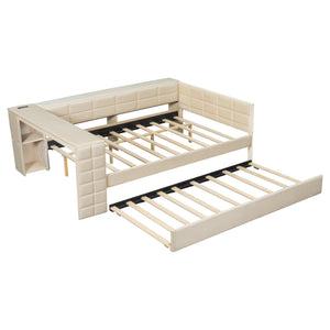 English Elm Full Size Upholstered Platform Bed With Desk, Usb Charging, Trundle & Storage Shelves In Beige Velvet N7090000604A