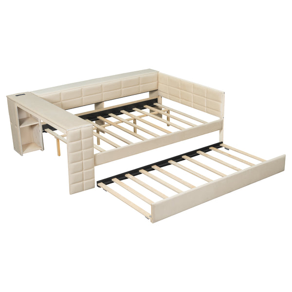English Elm Full Size Upholstered Platform Bed With Desk, Usb Charging, Trundle & Storage Shelves In Beige Velvet N7090000604A