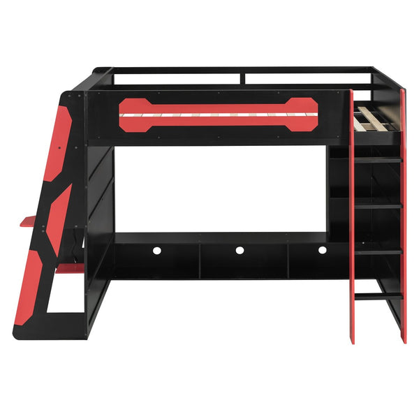 English Elm Full Size Wood Loft Bed with Rgb Lighting Desk Storage and Gaming Console Shelf Red LT000260AAR