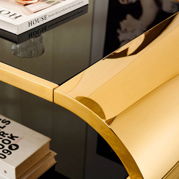 English Elm 57" Gold Stainless Oval Coffee Table with Black Tempered Glass, 2-Tier Storage, Modern Chic Design W3456S00027