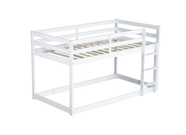 English Elm Solid Rubberwood Twin-Over-Twin Floor Bunk Bed With Ladder, Sturdy Slats & Stylish White Finish W504P191666-GIGA