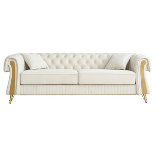 English Elm 89''W Chesterfield Modern Tufted Velvet Sofa with Pocket Springs, Gold Trim & Removable Cushions Beige W579S00037