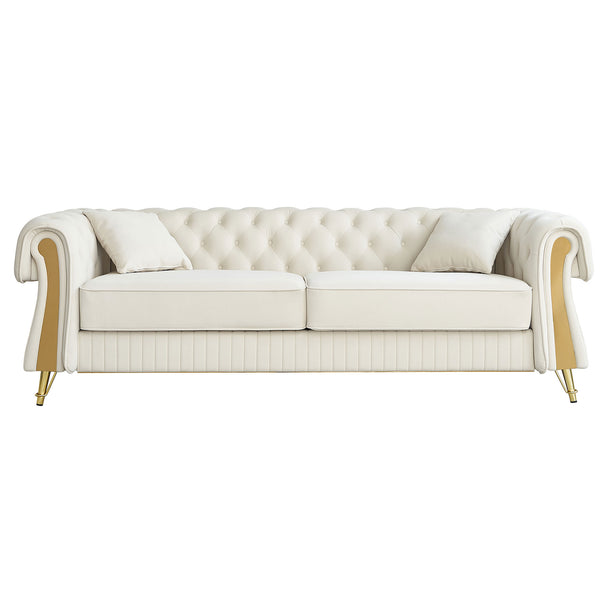English Elm 89''W Chesterfield Modern Tufted Velvet Sofa with Pocket Springs, Gold Trim & Removable Cushions Beige W579S00037
