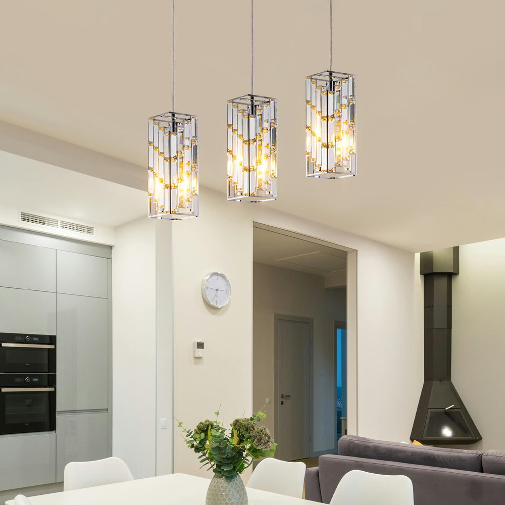 English Elm 4" Modern Crystal Pendant Light 3-Pack — Adjustable Hanging Ceiling Lamp with Prism Accents for Dining Room Ambiance Chrome W1340P208477