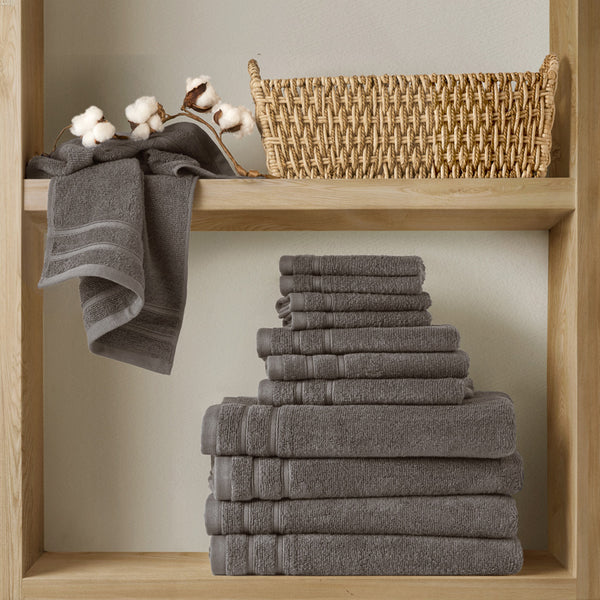 JLA Home Comfort Spaces - Quick Quick Dry 100% Cotton 12pc Towel Set Plush 400 GSM Oeko‑Tex Softness Fast Absorbency Durable Fade-Resistant Grey AM73-0254