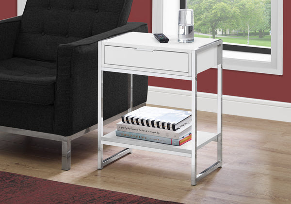 English Elm Accent Table - Modern Glossy White Nightstand With Chrome Metal Base & Storage Drawer For Small Spaces B2710P219304