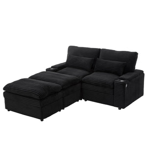 English Elm Loveseat Convertible Sectional Sofa Bed with Storage, Two Ottomans, Dual USB Ports & Cup Holders Black N719S002140B