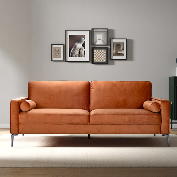 English Elm Ashcroft Furniture - Axten Orange Velvet Sofa - Performance Velvet Upholstery, Foam Cushions, Silver Metal Legs, High Feet Friendly B183P255327
