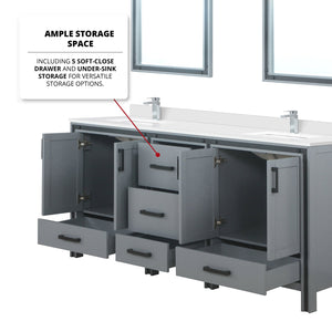 English Elm Dark Grey Double Vanity 72" x 22" with White Quartz Top, Chrome Faucets, 30" Mirrors, Scratch-Resist Finish B2731S01130