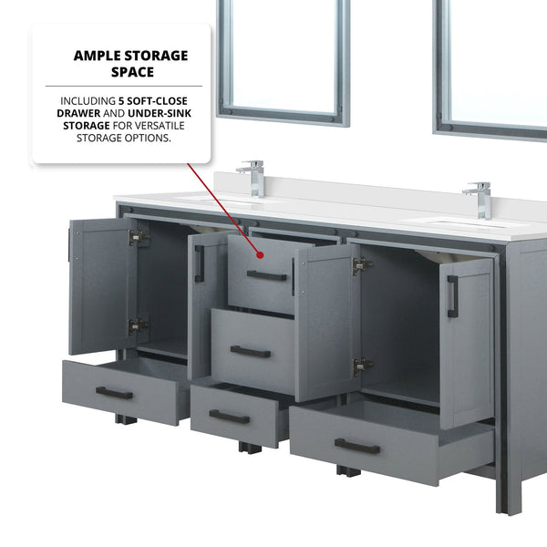 English Elm Dark Grey Double Vanity 72" x 22" with White Quartz Top, Chrome Faucets, 30" Mirrors, Scratch-Resist Finish B2731S01130