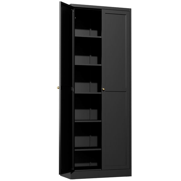 English Elm 61" Matte Black Steel Freestanding Pantry Cabinet with 4 Adjustable Shelves Modern Farmhouse T2398P465984