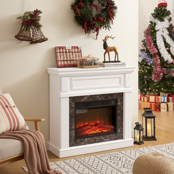 English Elm Electric Fireplace Mantel Surround with 23 Inch Insert Remote Raised Panel Wood Finish White W2275S00045