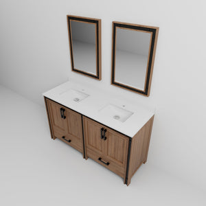 English Elm Rustic Barnwood Double Bath Vanity 60" W with White Quartz Top, Soft-Close Storage & 22" Mirrors B2731S00912