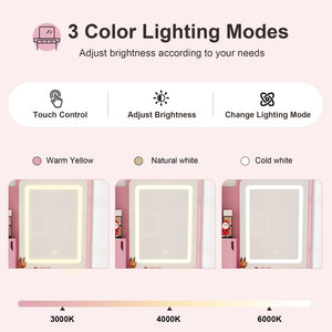 English Elm 3-color Led Vanity Table with Stool Drawers and Built-in Power Hub for Bedroom Pink W2700P457871