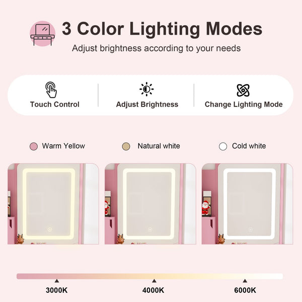 English Elm 3-color Led Vanity Table with Stool Drawers and Built-in Power Hub for Bedroom Pink W2700P457871