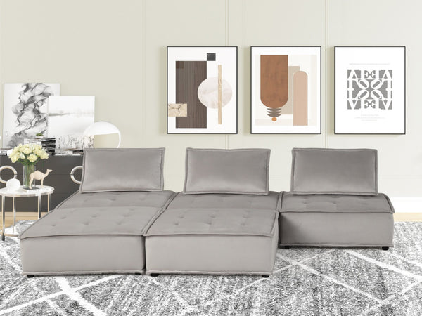 English Elm Aveline Five Piece Modular Sectional Velvet Tufted Low Profile Contemporary Sofa Light Gray B2749S00034