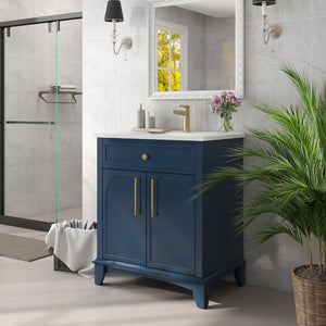 English Elm 27.8" Mid-century Freestanding Bathroom Vanity with Ceramic Sink Drawer and Wood Base Blue W1801S00005